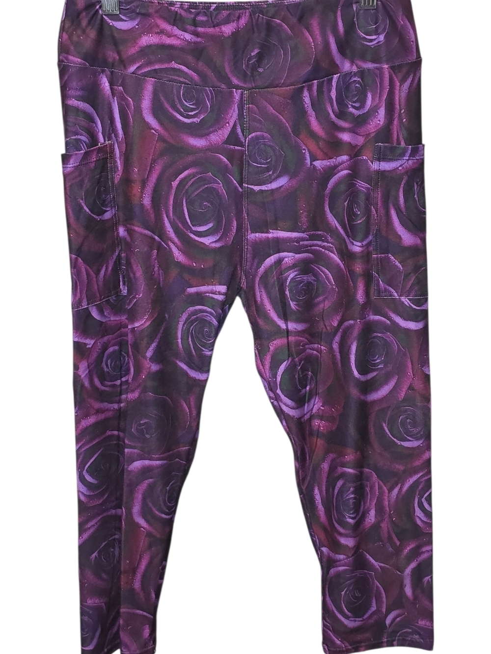 High-Rise Purple Rose Print Leggings with Side Pockets